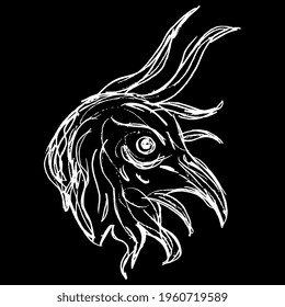 Head of a medieval demon or devil with bird's beak. Hand drawn linear doodle rough sketch. White silhouette on black background.