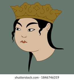 Head of medieval Persian princess in royal crown. Female face. Vintage Iranian art.