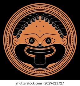 Head of Medusa Gorgon in a circle. Ancient Greek mask. Vase painting style. Bearded human head with protruded tongue. 