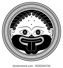 Head of Medusa Gorgon in a circle. Ancient Greek mask. Vase painting style. Bearded human head with protruded tongue. Black and white silhouette.