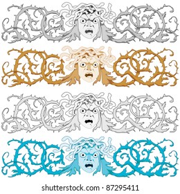 Head of Medusa Gorgon with snake hair and curled prickly bush as a headline or banner, vector illustration
