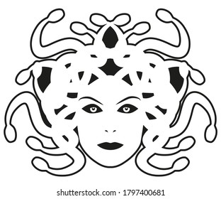 Head of Medusa. Mythological creature with human appearance and hair of snakes, isolated on white background