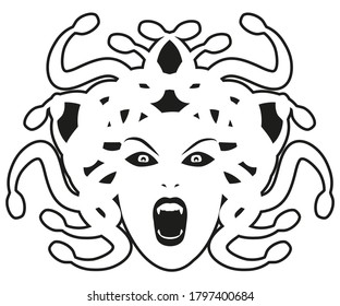 Head of Medusa. Mythological creature with human appearance and hair of snakes, isolated on white background