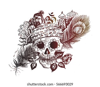 Head of men with rose peacock feather temple for black magic skull design.