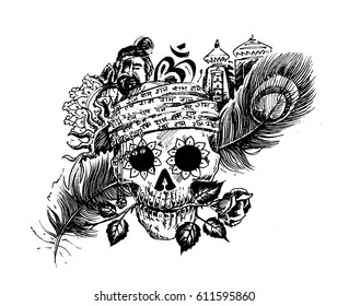 Cabeza de hombres con el templo de la pluma del pavo real de la rosa para el diseño negro del cráneo de la magia.