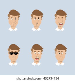 head men's set of icons, joy, surprise, admiration, smile, scream, vector, cartoon illustration
