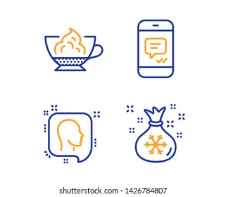 Head, Message and Espresso cream icons simple set. Santa sack sign. Profile messages, Phone messenger, Cafe con panna. Gifts bag. Linear head icon. Colorful design set. Vector