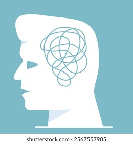 Head with messy thoughts.Psychologic therapy session.Chaotic thought process.Silhouette of human head.Personality disorder and depression.Frustrated man with nervous problem.Mental disorders.