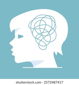 Head with messy thoughts.Psychologic therapy session.Chaotic thought process.Silhouette of human head.Personality disorder and depression.