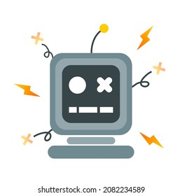 Error de rotura de choque del robot de la cabeza metálica con diseño de icono del vector plano de chispa. página de concepto no encontrada error 404. 
