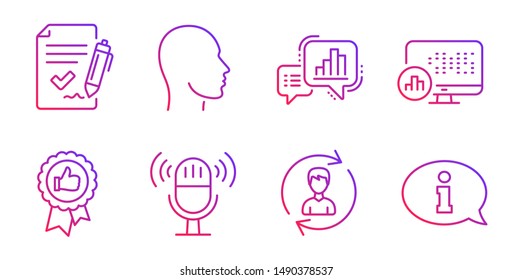 Head, Microphone and Approved agreement line icons set. Human resources, Report statistics and Positive feedback signs. Graph chart, Information symbols. Human profile, Mic. Business set. Vector