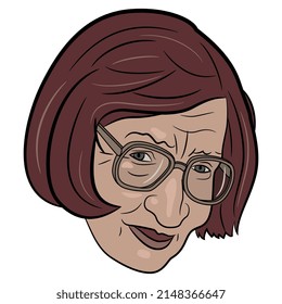 Head of a middle age Caucasian woman with haircut wearing glasses. Cartoon style. Isolated vector illustration. Female portrait.