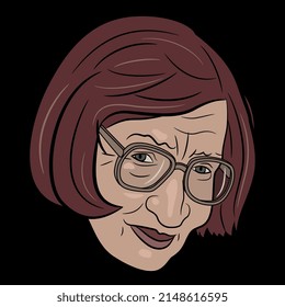 Head of a middle age Caucasian woman with haircut wearing glasses. Cartoon style. Isolated vector illustration. Female portrait. On black background.