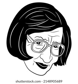 Head of a middle age Caucasian woman with haircut wearing glasses. Cartoon style. Female portrait. Black and white silhouette.