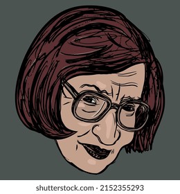 Head of a middle age Caucasian woman with haircut wearing glasses. Hand drawn colorful rough sketch. Female portrait. On gray green background.