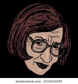 Head of a middle age Caucasian woman with haircut wearing glasses. Hand drawn colorful rough sketch. Female portrait. 
On black background.