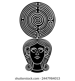 Head of the Middle East goddess Astarte or Egyptian Hathor holding a round spiral maze or labyrinth symbol as her crown. Creative mythological feminist concept. Black and white silhouette.