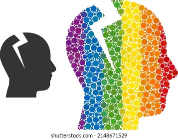 Head migrain ache composition icon of round dots in variable sizes and rainbow color tones. A dotted LGBT-colored head migrain ache for lesbians, gays, bisexuals, and transgenders.