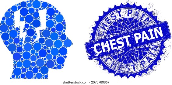 Head migraine vector collage of dots in various sizes and blue color tints, and distress Chest Pain stamp seal. Blue round sharp rosette stamp seal has Chest Pain title inside it.