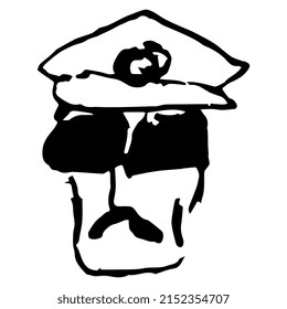 Head of a military man with mustache wearing a cap and sunglasses. Hand drawn linear doodle rough sketch. Black silhouette on white background.