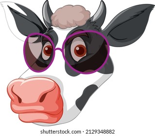 Head Of Milk Cow Wearing Sunglasses In Cartoon Style Illustration