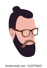 Head of a millennial hipster with beard, man bun and glasses, isolated on white background