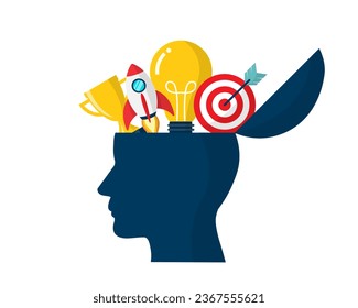head mind open idea thinking and light bulb. business creative goal target. achievement motivation. skill creative inspiration. vector illustration flat design.