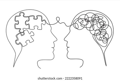 Head mind people with folded puzzle and confused thinking brain, continuous line. Disorder, chaos, confusion and order, mental balance, calm in thoughts. Logic and creative thinking