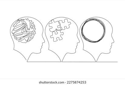 Head mind people with folded puzzle and confused thinking brain, continuous line. Disorder, chaos, confusion and order, mental balance, calm in thoughts. Logic and creative thinking