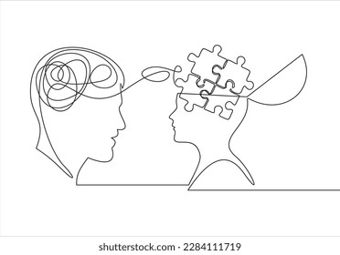 Head mind people with folded puzzle and confused thinking brain, continuous line. Disorder, chaos, confusion and order, mental balance, calm in thoughts. Logic and creative thinking