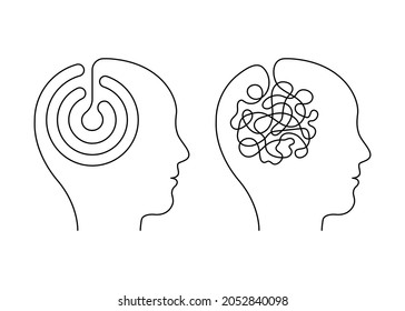 Head mind people with scheme and confused thinking brain, continuous line. Disorder, chaos, confusion and order, mental balance, calm in thoughts. Logic and creative thinking. Vector illustration