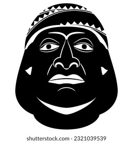 Head of a Moche man. Native American art of ancient Peru. Indigenous male portrait. Black and white silhouette.