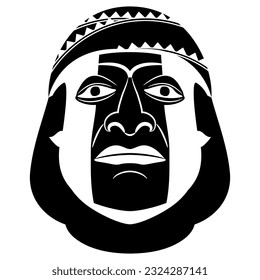 Head of a Moche man. Native American art of ancient Peru. Indigenous male portrait. Black and white silhouette.