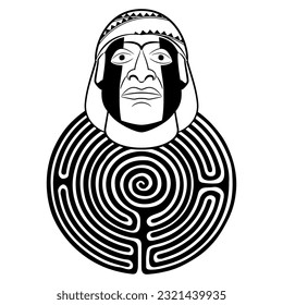 Head of a Moche man on top of a round spiral maze or labyrinth symbol. Enigma of Indigenous ancient Peruvian culture. Black and white silhouette.