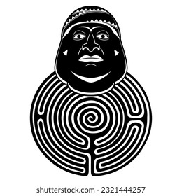 Head of a Moche man on top of a round spiral maze or labyrinth symbol. Enigma of Indigenous ancient Peruvian culture. Black and white silhouette.