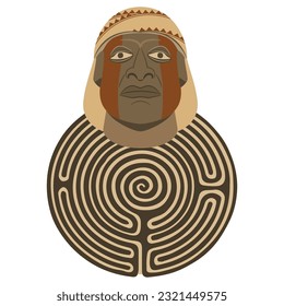 Head of a Moche man on top of a round spiral maze or labyrinth symbol. Enigma of Indigenous ancient Peruvian culture. Isolated vector illustration.