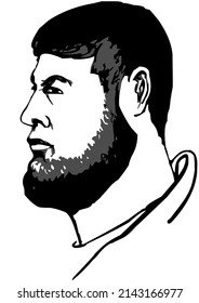 Head of a modern man with a large black beard, side view, hand made grayscale drawing