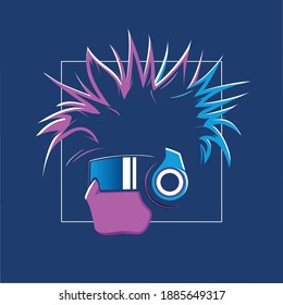 cabeza con mohawk, auriculares y gafas. Máscara en la cara. 