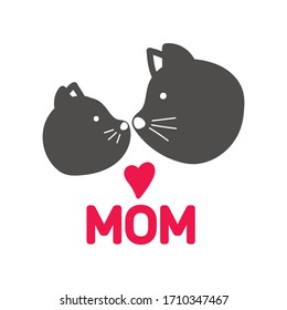 head mom cat reaches for her baby beloved kitten on a white background, shape of a small heart, vector illustration drawn by hand, doodle line, perfect for print design, greeting card for Mother's Day