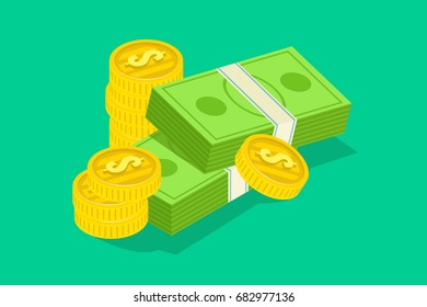 Head of money with pack of dollars note and golden coins on green background, flat vector illustration