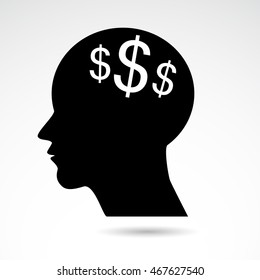 Head with money thinking icon. Vector art.