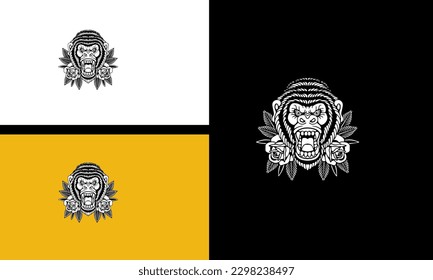head monkey and flowers vector line art design