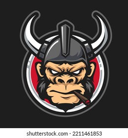 head monkey viking smoking mascot logo illustration