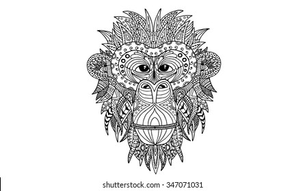 Head of a monkey with a vintage pattern in ethnic style. Symbol of 2016. Stylized coloring monkey portrait with outlines and patterns vector illustration.