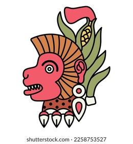 Head of a monkey wearing earring and plumage crown. Ozomatli. Native American animal design of Aztec Indians. From Mexican codex. Isolated vector illustration.