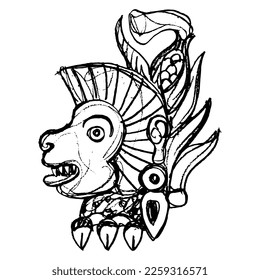 Head of a monkey wearing earring and plumage crown. Ozomatli. Native American animal design of Aztec Indians. From Mexican codex. Hand drawn linear doodle rough sketch. Black and white silhouette.