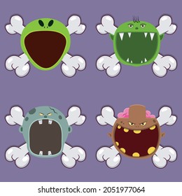 Head Monster Design With Alien, Goblin, Grey Zombie and Brown Zombie. On Skull and Open Mouth. Vector and Illustration