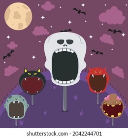 Head Monster Set in Field and Night. Big Skeleton Head, Grey Zombie, Brown Zombie, Devil and Black Cat. Vector And Illustration.