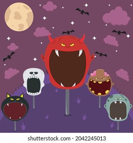 Head Monster Set in Field and Night. Big Devil Head, Grey Zombie, Brown Zombie, Skeleton and Black Cat. Vector And Illustration.