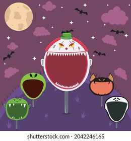 Head Monster Set in Field and Night. Big Creepy Clown Head, Scream, Creepy Bat, Alien and Goblin. Vector And Illustration.
